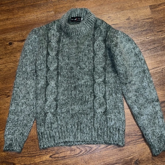 Green & Gray Wool, Mohair Mock Neck Long Sleeve Chunky Cable Knit Sweater Size S - Picture 2 of 12